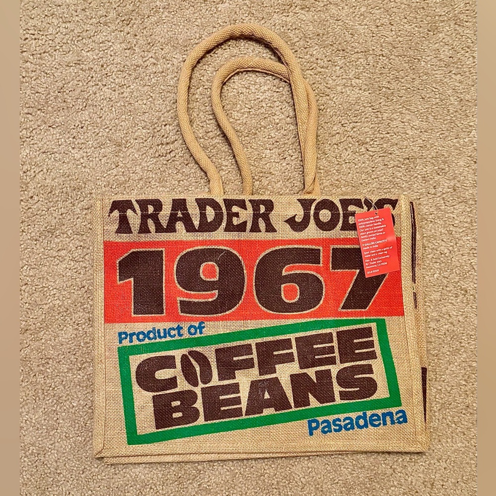 Trader Joe's Bag Jute Reusable Tote 1967 Pasadena Coffee Beans